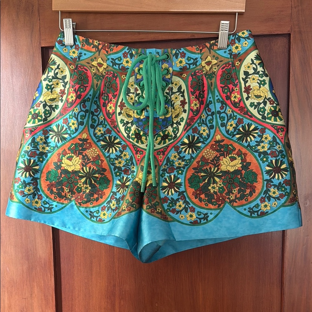 High-Waist Lace-Up Floral Print Shorts in Turquoise